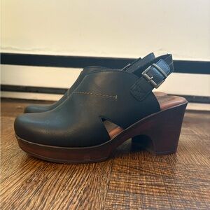 Black leather stitched clogs/platforms